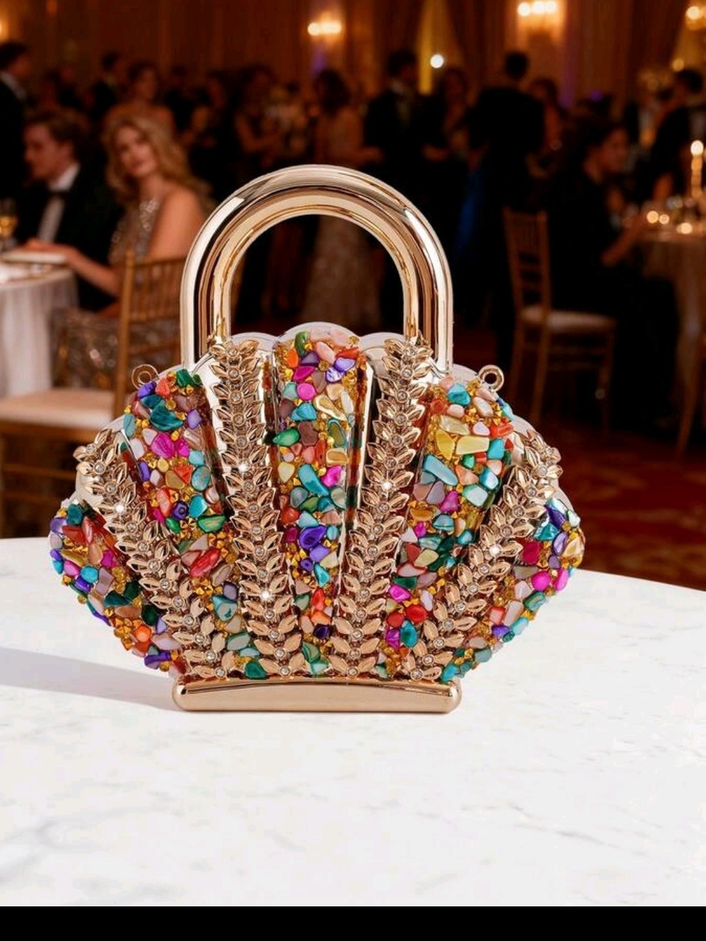 Gold Multicolor Embellished Shell Clutch - Designer Style